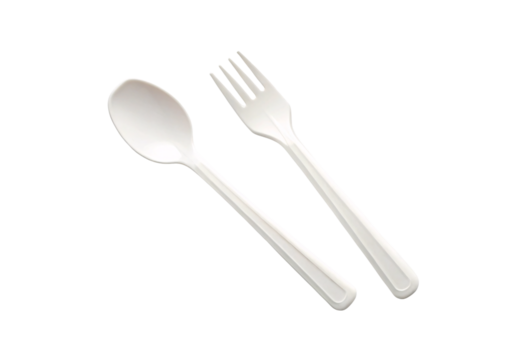 White plastic spoon and fork with long handles and rounded ends, isolated on a transparent background