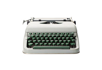 Vintage mint green and white typewriter with paper roller and round keys, isolated on a transparent background