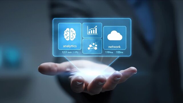 hand extended from suit palm. hologram icon representing analytics hovers above. cloud and network symbol align beside brain and chart. technology concept presented through digital interface.