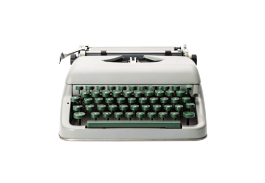 Vintage mint green and white typewriter with paper roller and round keys, isolated on a transparent background