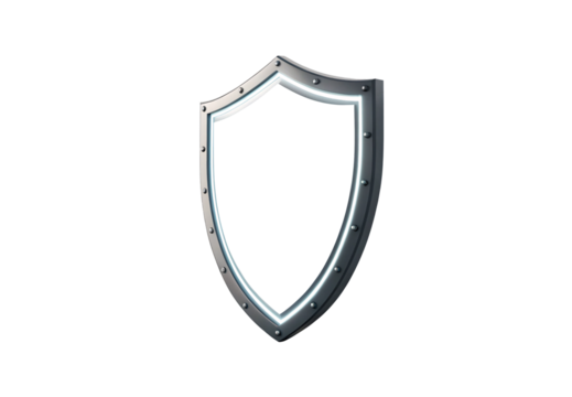 Silver metallic shield frame with illuminated blue glow and riveted border, isolated on a transparent background