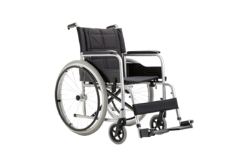 Self-propelled wheelchair featuring black cushioned upholstery, chrome tubular frame, spoke wheels with pneumatic tires, isolated on a transparent background