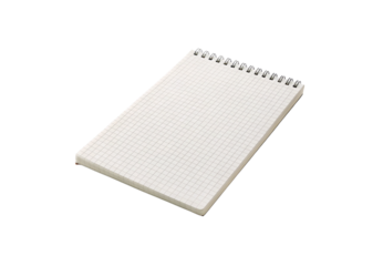 Spiral-bound notepad with white grid paper, metal coil binding, blank pages, clean minimalist design, isolated on a transparent background