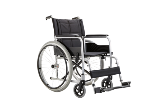 Self-propelled wheelchair featuring black cushioned upholstery, chrome tubular frame, spoke wheels with pneumatic tires, isolated on a transparent background