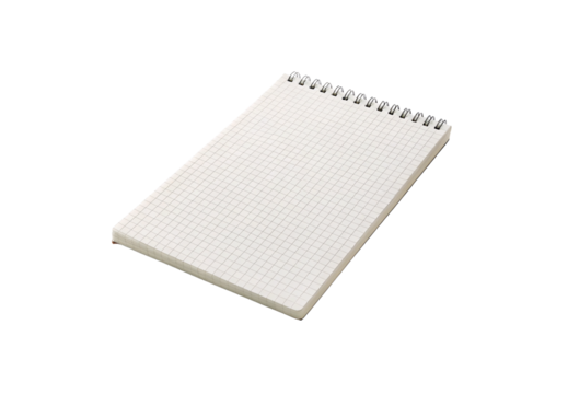 Spiral-bound notepad with white grid paper, metal coil binding, blank pages, clean minimalist design, isolated on a transparent background