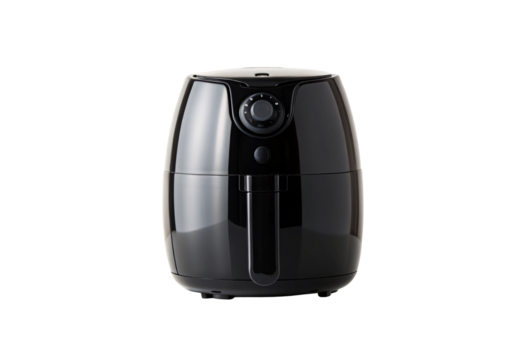 Black air fryer appliance with temperature dial, timer control, front basket handle, compact countertop design, isolated on a transparent background