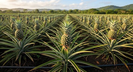 Pineapple Plantation Field with Rows of Growing Pineapples Under a Bright Sky.