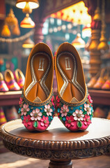 Vibrant Jutti pair with bold 3D floral embroidery in pink, blue, and green, set against a tan leather base. Traditional Indian ethnic shoe.