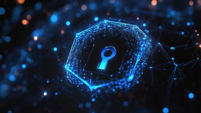 Glowing blue digital open padlock symbol made of interconnected lines and nodes floating in a dark networked environment representing cybersecurity and data protection