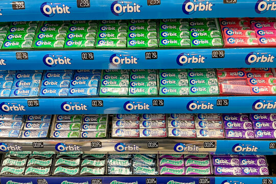 Bar, Montenegro, 25 October 2025, Orbit chewing gum brand candy in supermarket