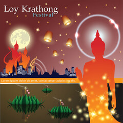 Loy-Krathong Festival banner template background. Celebration of Thailand Culture for the worship of The Lord Buddha in The Super Fullmoon Night and The Ultimate Marketing Promotion Campaign.
