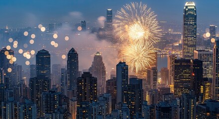 Spectacular Cityscape Fireworks Display Illuminating the Night Sky Above Modern Skyscrapers