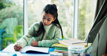 Student, learning and child writing in home for fine motor skills, language activity and...