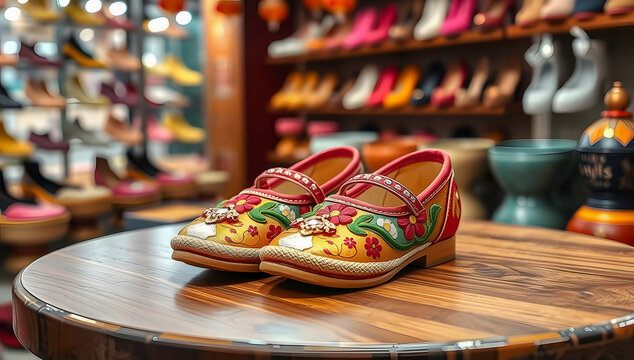 Child's yellow Jutti with a strap and low heel, covered in colorful floral embroidery. Traditional ethnic kid's shoe in a shop.