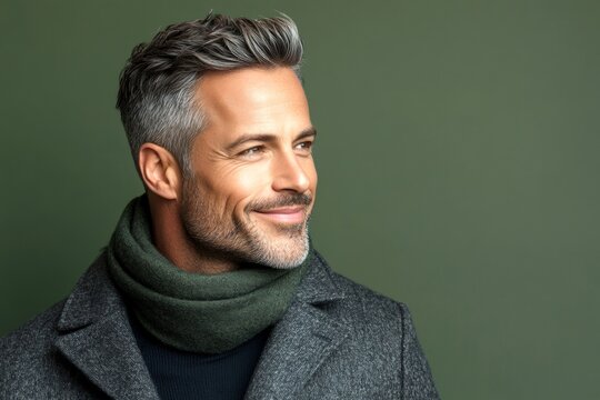 A man with expressive eyes and a joyful gaze. Green solid backgr