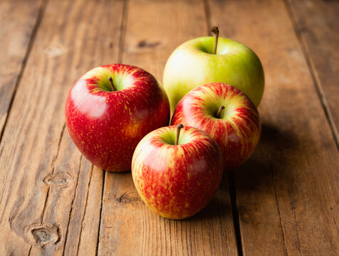 Fresh red and green apples on rustic wooden table - Powered by Adobe