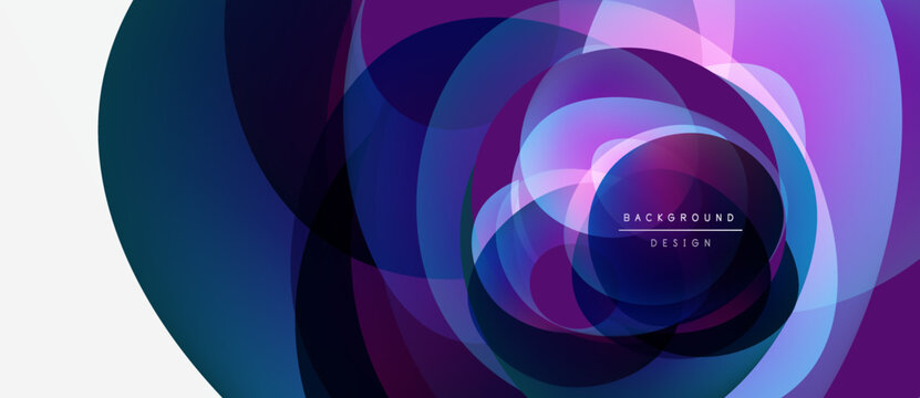 Abstract geometric shapes overlap, creating vibrant purple, blue gradients. Modern design suggests depth, movement, energy. Minimalist style.