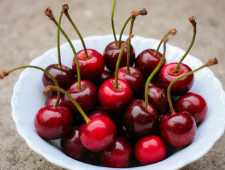 Fresh ripe cherries in a white bowl