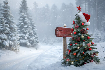 Festive winter scene with a decorated Christmas tree, snowy forest, and red wooden signboard wearing Santa hat. Magical holiday background perfect for Christmas greetings, posters, and seasonal design