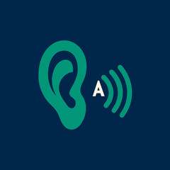 Human ear icon with sound waves and letter A. Symbol for hearing, audio, listening, and accessibility concept.