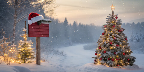 Festive winter scene with a decorated Christmas tree, snowy forest, and red wooden signboard wearing Santa hat. Magical holiday background perfect for Christmas greetings, posters, and seasonal design