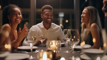 Diverse group of friends enjoying lively dinner conversation around candlelit table - Powered by Adobe