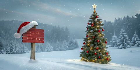Festive winter scene with a decorated Christmas tree, snowy forest, and red wooden signboard wearing Santa hat. Magical holiday background perfect for Christmas greetings, posters, and seasonal design