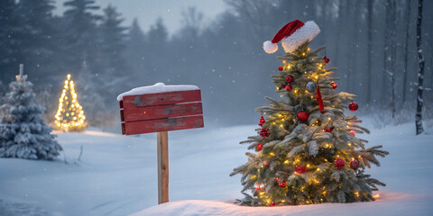 Festive winter scene with a decorated Christmas tree, snowy forest, and red wooden signboard wearing Santa hat. Magical holiday background perfect for Christmas greetings, posters, and seasonal design