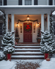 Fototapeta premium christmas doorstep scene, festive entry decor, outdoor christmas ornaments, porch holiday photo, winter cozy entrance, holiday red ribbons, white christmas theme, front door holiday accents, snowy sea