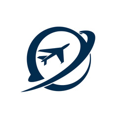 Abstract blue airplane flying around a stylized global orbit icon logo concept for travel, aviation, and worldwide logistics