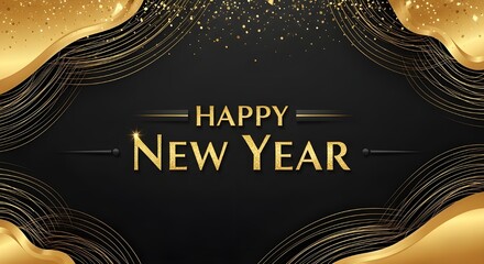 Obraz premium Luxurious happy new year background with golden glitter waves on black, ideal for festive greetings and elegant holiday season designs