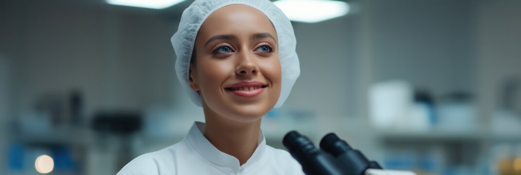 Young caucasian female scientist observing through microscope in modern laboratory
