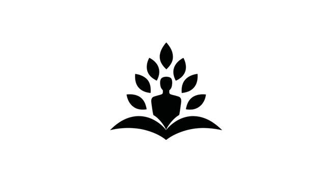 Stylized person meditating on an open book with sprouting leaves. Symbol of holistic well-being, knowledge, and inner peace.