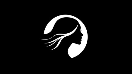 Obraz premium Elegant woman silhouette in profile with flowing hair on a circular white background. Minimalist graphic design concept.