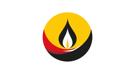 Vibrant abstract flame icon in a black, yellow, and red circle. Modern graphic symbol of energy, light, and power.