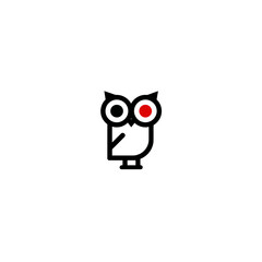 Minimalist line art owl icon with red and black eyes on a white background, stylized vector graphic illustration of a nocturnal bird symbol