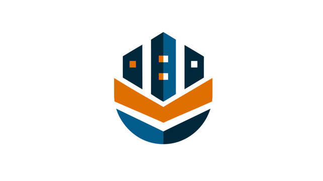 Modern abstract cityscape logo icon with stylized buildings in blue and orange, representing urban development and real estate growth - Powered by Adobe