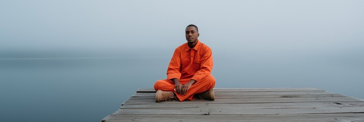 Calm african male adult in orange overalls sitting on dock overlooking misty lake