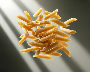 A pile of uncooked penne pasta tubes, a popular italian dried pasta shape, against a dark background