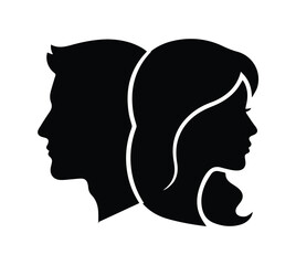 Vector illustration of silhouette man and woman portrait in profile. Male and female head on a white background side view.