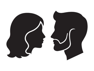 Vector illustration of silhouette man and woman portrait in profile. Male and female head on a white background side view.