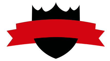 Regal black crown with a blank red ribbon banner and a matching black shield emblem, symbolizing quality, achievement, and prestige.