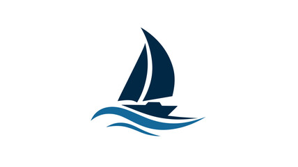 Sleek minimalist sailboat icon cruising on blue ocean waves. Abstract graphic design for maritime, travel, and navigation concepts.