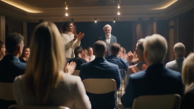 Business meeting audience applauding speakers on stage in darkened room