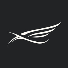 Fototapeta premium Elegant abstract white wing design on dark background, dynamic soaring flight symbol, modern graphic element for business, success, freedom, speed