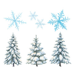 Watercolor collection of snowy pine trees and blue snowflakes, winter woodland