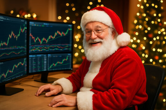Happy Santa Claus smiling during christmas business trading on stock market looking at financial data on monitor - Powered by Adobe