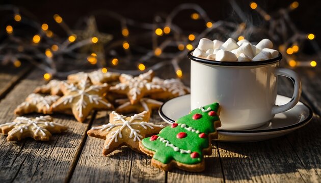 A delightful holiday setting with a cup of hot cocoa, sweet marshmallows, and star-shaped cookies on a wooden surface