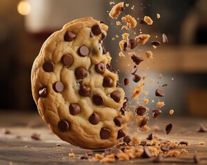 Delicious chocolate chip cookie breaking apart with crumbs flying in a dynamic action shot