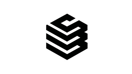 Abstract geometric logo icon in black and white, modern minimalist design element, cubic hexagonal shape, digital technology symbol